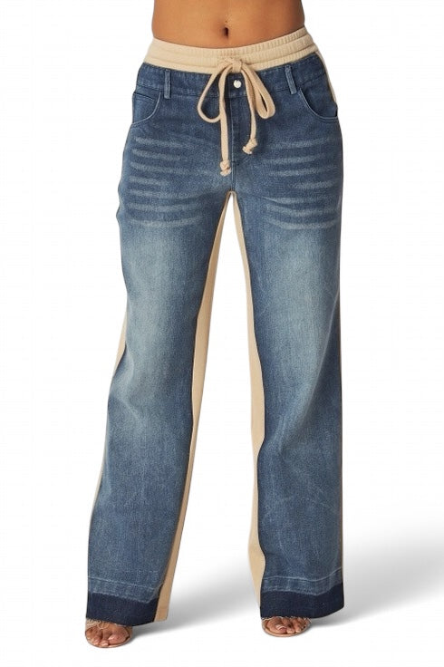 Plush Fashion Hub straight leg denim jean sweatpants showing front view with classic blue denim and casual fit.