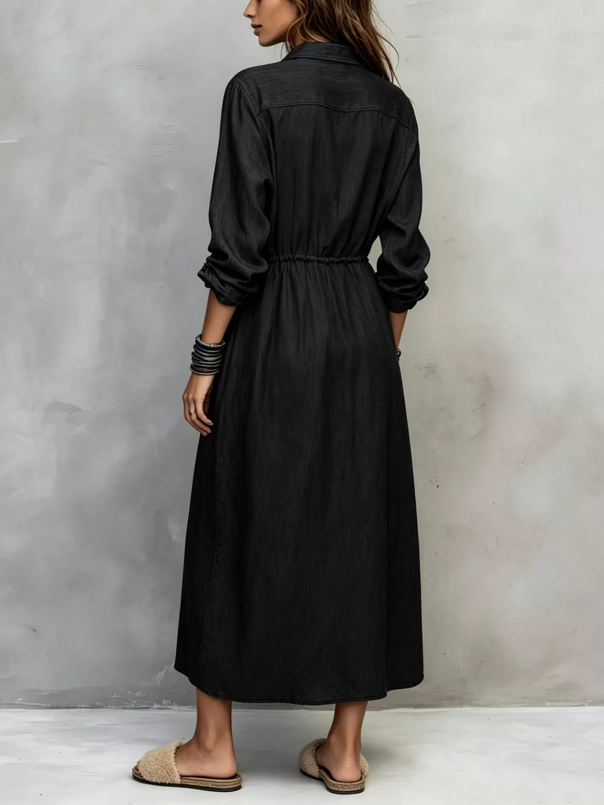 Plus size long sleeve button front shirt dress by Trendsi, featuring a relaxed fit, collar, and button-down front.