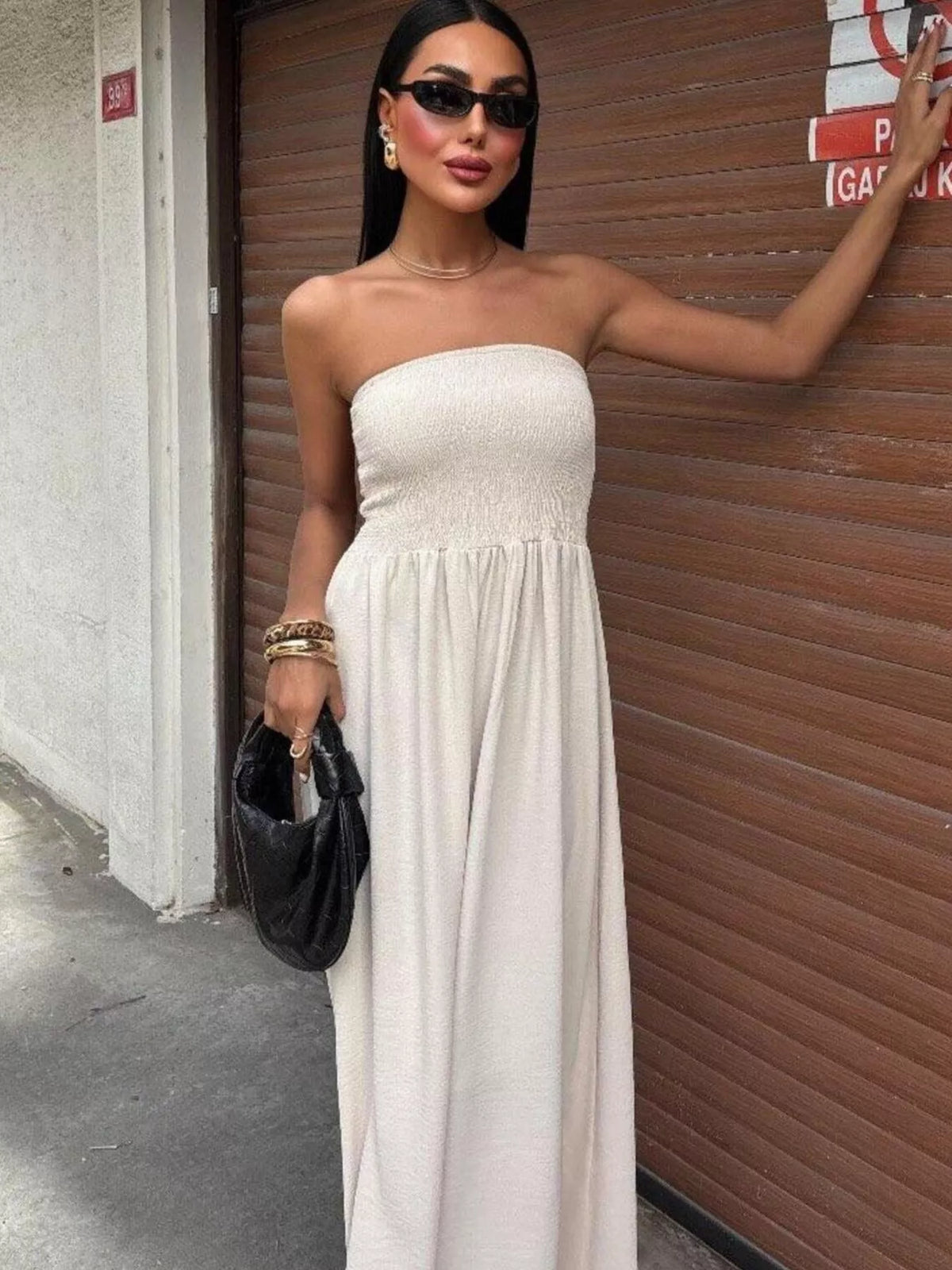 Plush Fashion Hub strapless smocked maxi dress with flowy fabric and elasticized bodice, perfect for summer wear.