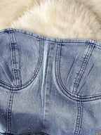Plaid strapless denim romper with front pockets, full-body suit style, from Plush Fashion Hub, displayed on a model.