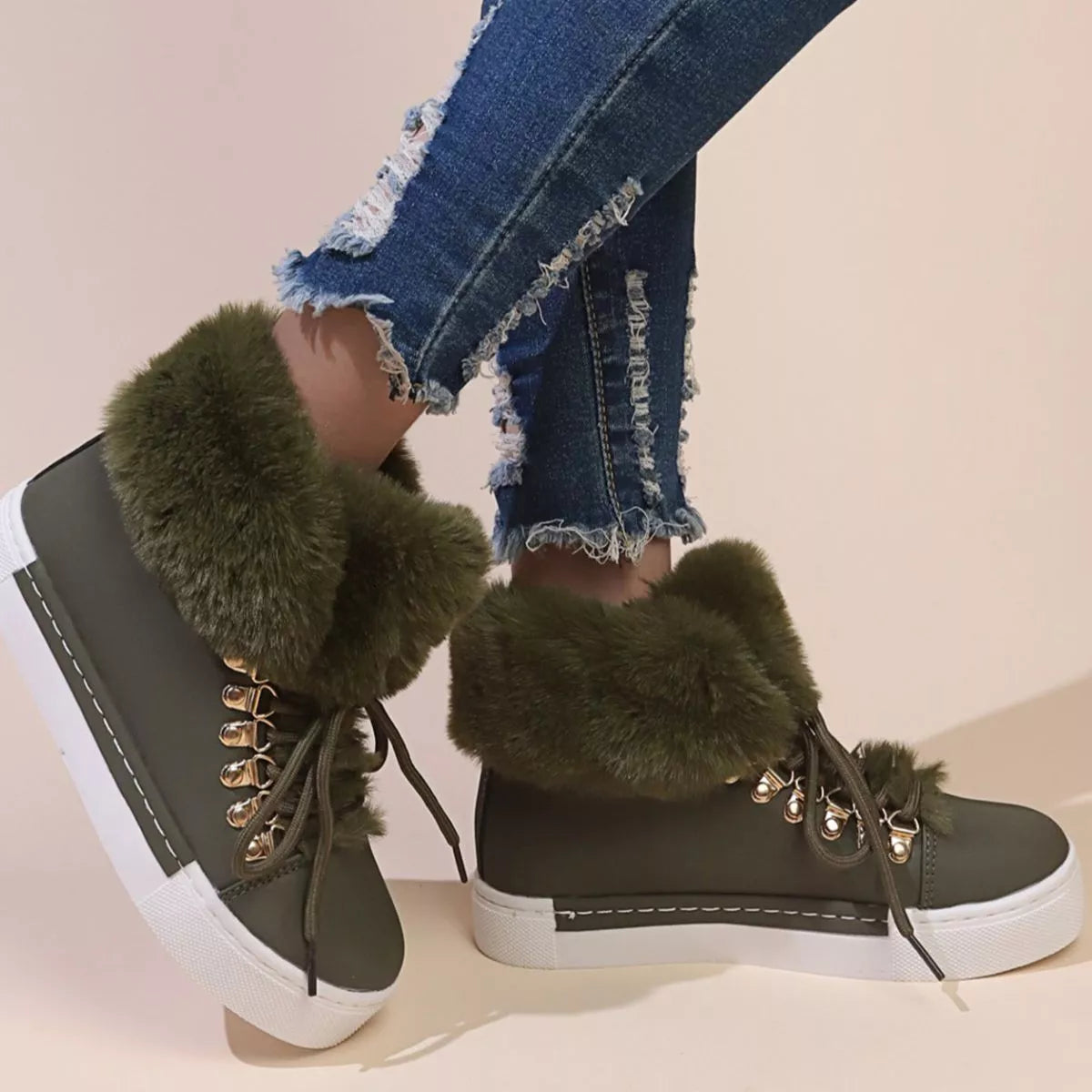 Simply Love fuzzy trim lace-up ankle boots with a cozy, textured design and sturdy soles, perfect for casual fall outfits.
