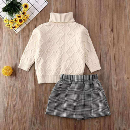 Turtleneck sweater + plaid skirt suitThis elegant suit features a turtleneck sweater and plaid skirt, perfect for any occasion. Long sleeves provide warmth, while the cotton fabric guarantees comfort. WGirls 2 piece setPlush Fashions ShopPlush Fashion Shop