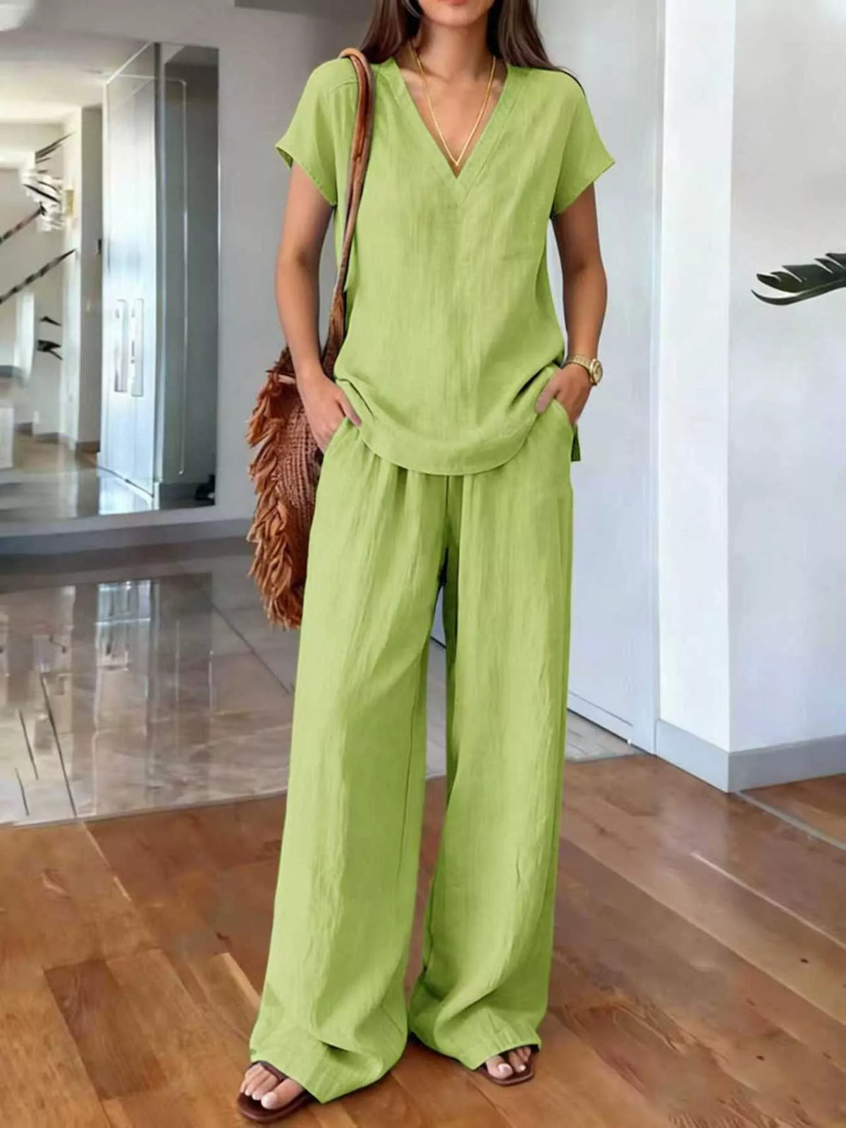 Plus size V-neck short sleeve lounge set with matching pants by Plush Fashion Hub, comfortable loungewear for relaxed wear.