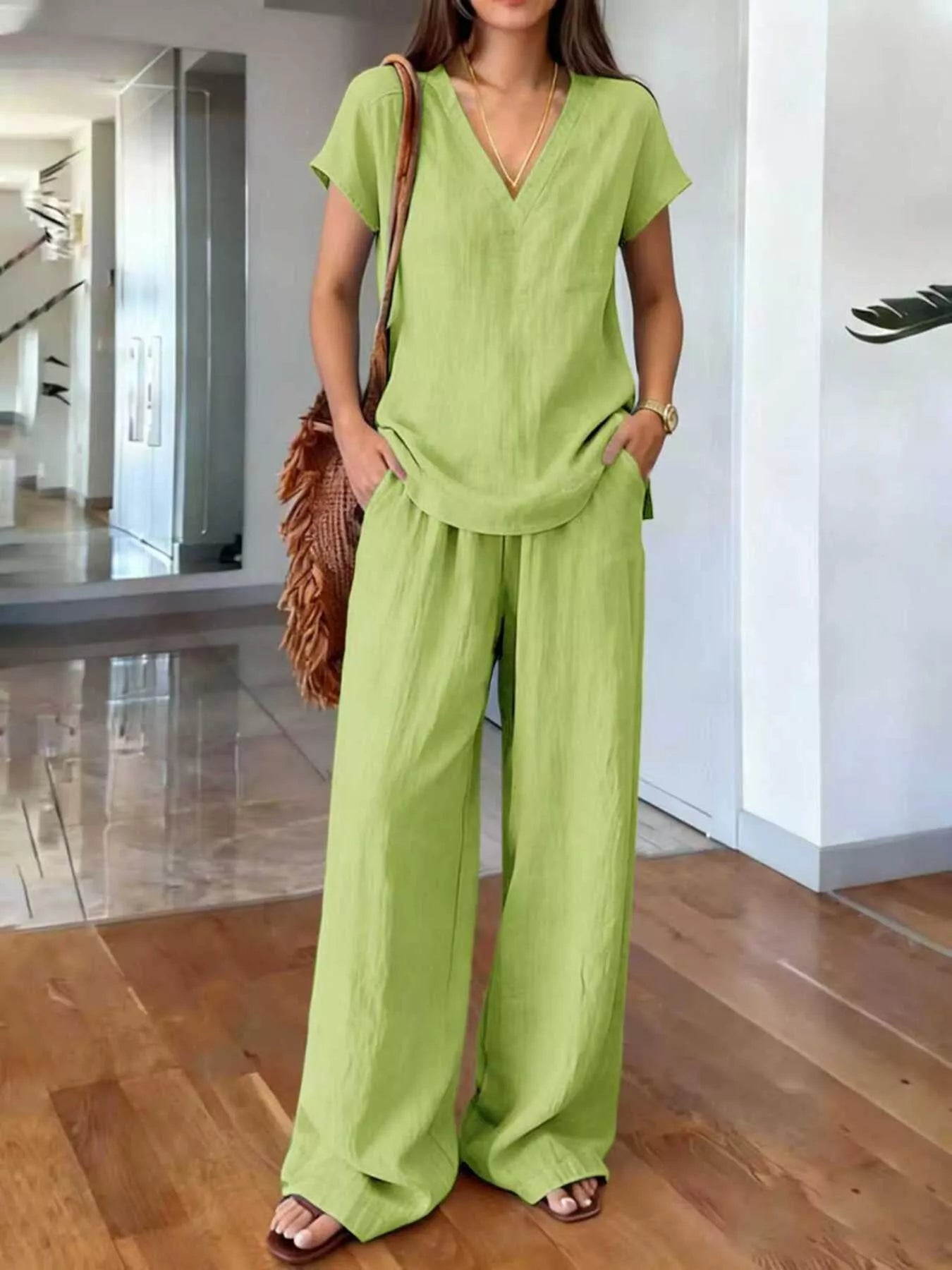 Plus size Trendsi loungewear set with a full size V-neck short sleeve top and matching pants, comfortable and casual.
