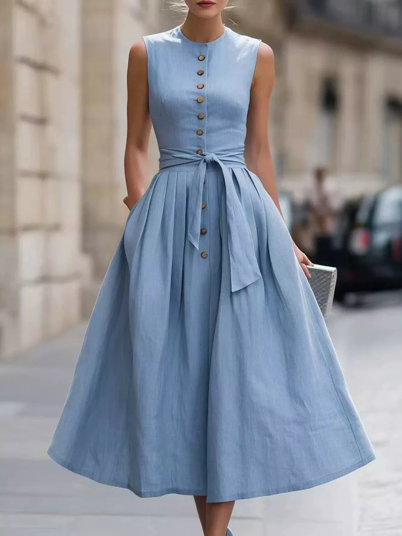 Plus size sleeveless button-front belted midi dress by Trendsi, showcasing a full-length dress with a stylish waist belt and sleeveless design.