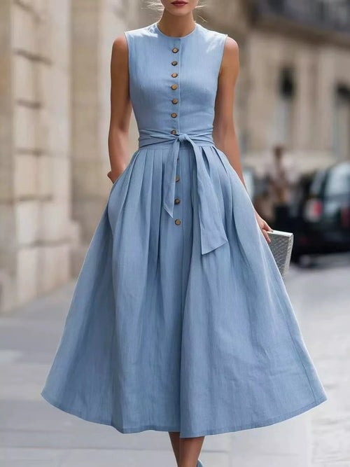Plus size sleeveless button-front belted midi dress from Trendsi, featuring a stylish and comfortable design.