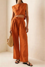 Women's crew-neck casual two-piece set from Plush Fashion Hub featuring a breathable T-shirt and matching pants.