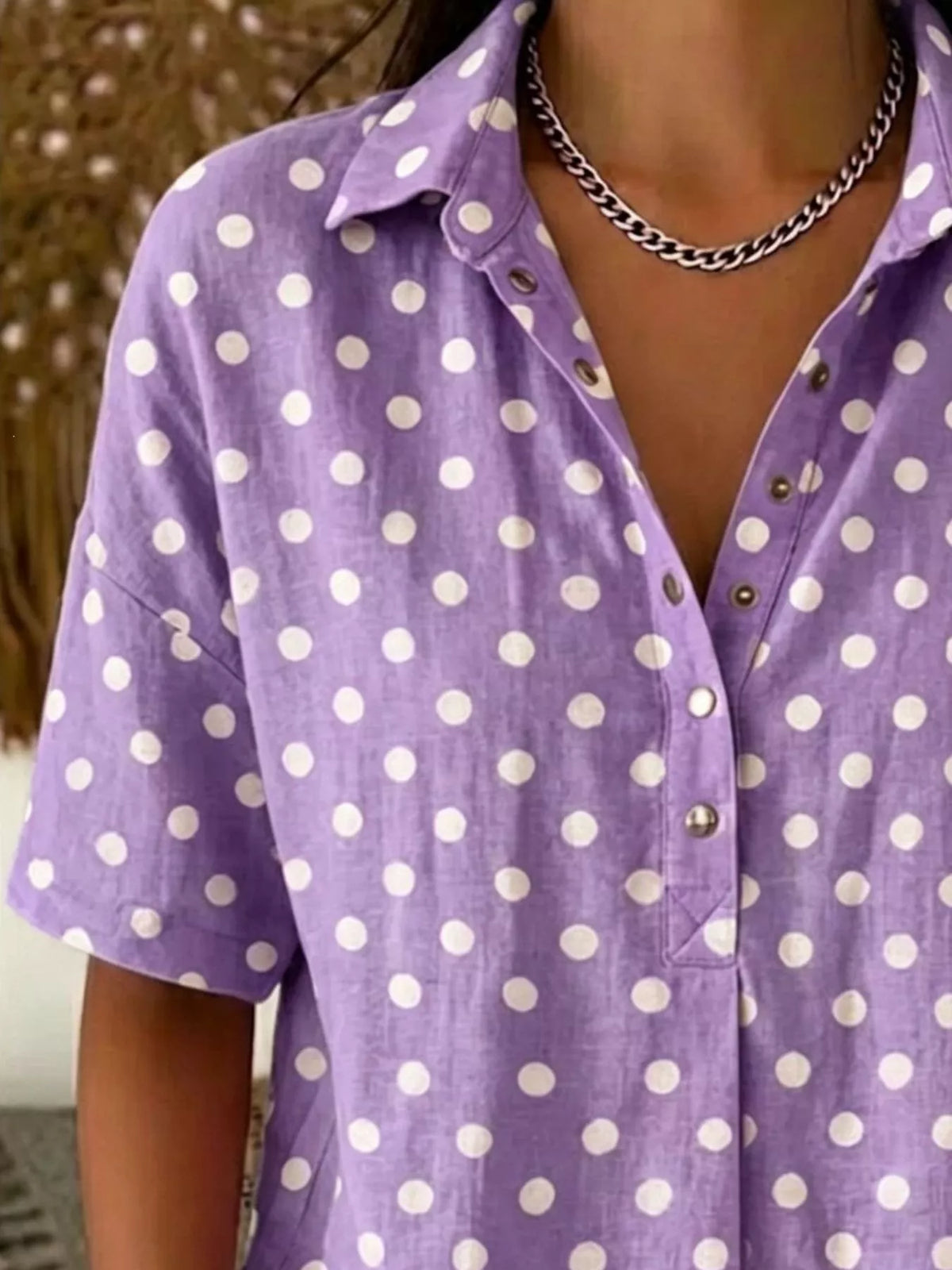 Plus size polka dot short sleeve shirt by Trendsi, lightweight tops with a classic polka dot pattern and relaxed fit.