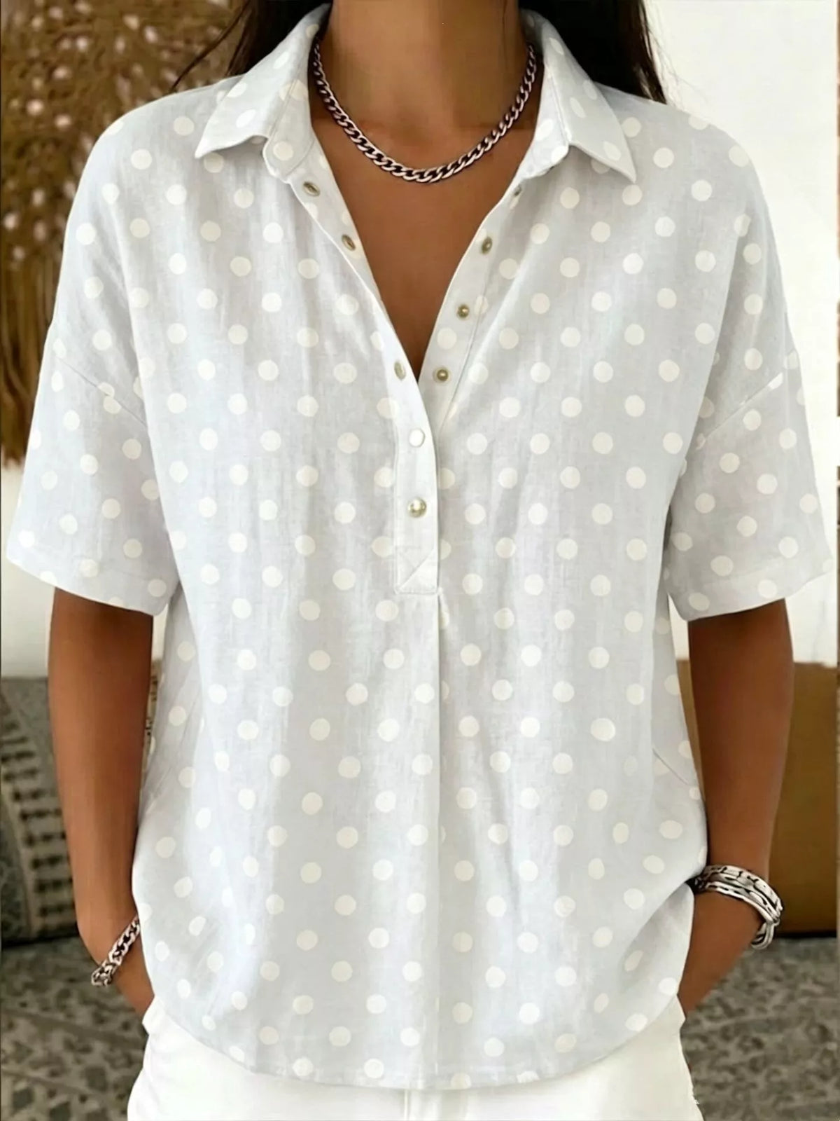 Plus size polka dot short sleeve shirt from Trendsi, casual tops with a classic dotted pattern and comfortable fit.