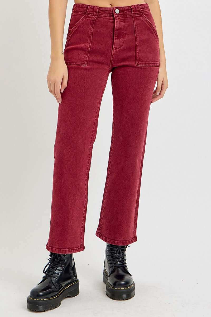 Women's high rise straight jeans with patch pockets in red.