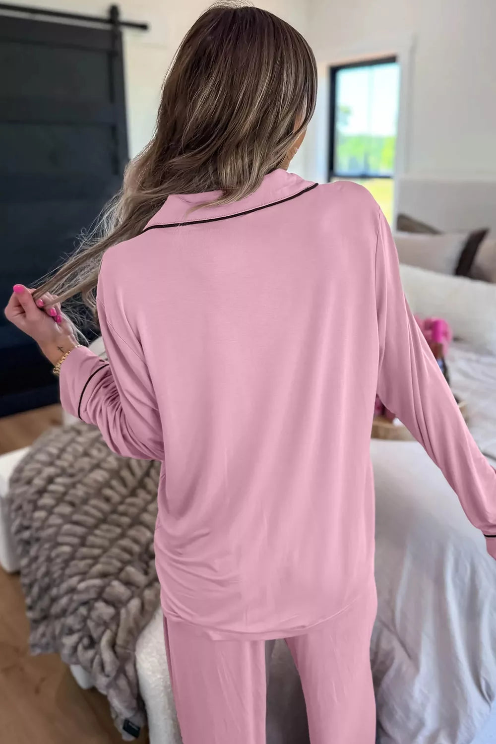 Trendsi contrast trim button-up top and pants set, featuring a coordinated matching design with stylish details.