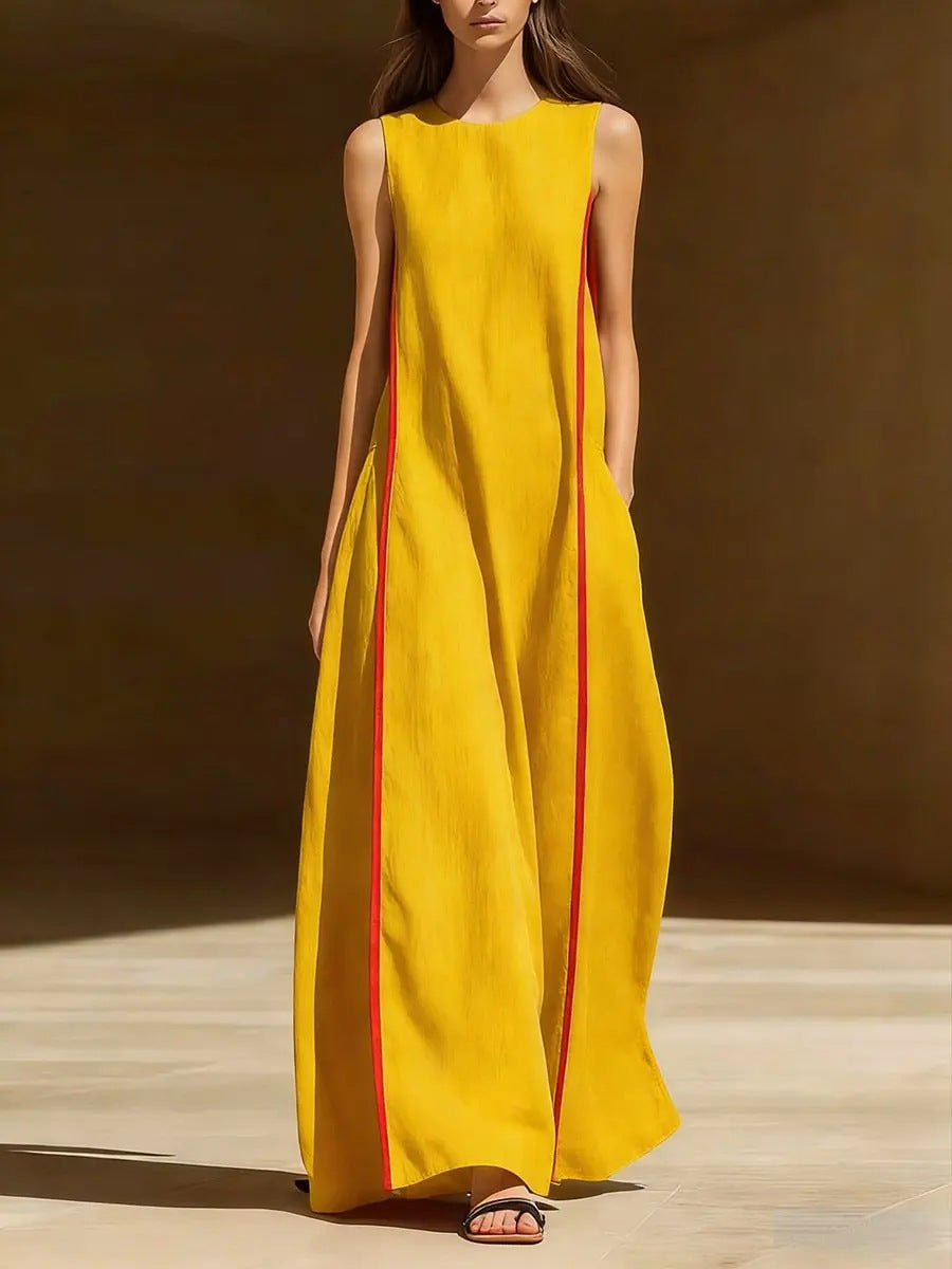 Women's linen sleeveless loose striped maxi dress by FitiqueFit, casualwear, shown with relaxed fit and vertical stripe pattern.