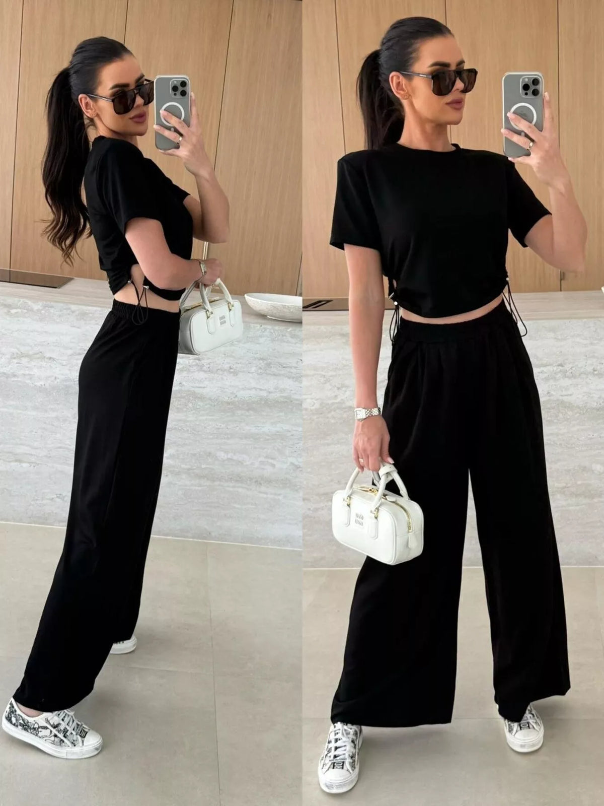 Drawstring crop top and wide-leg pants set by Plush Fashion Hub, featuring a stylish matching two-piece outfit with adjustable drawstrings.