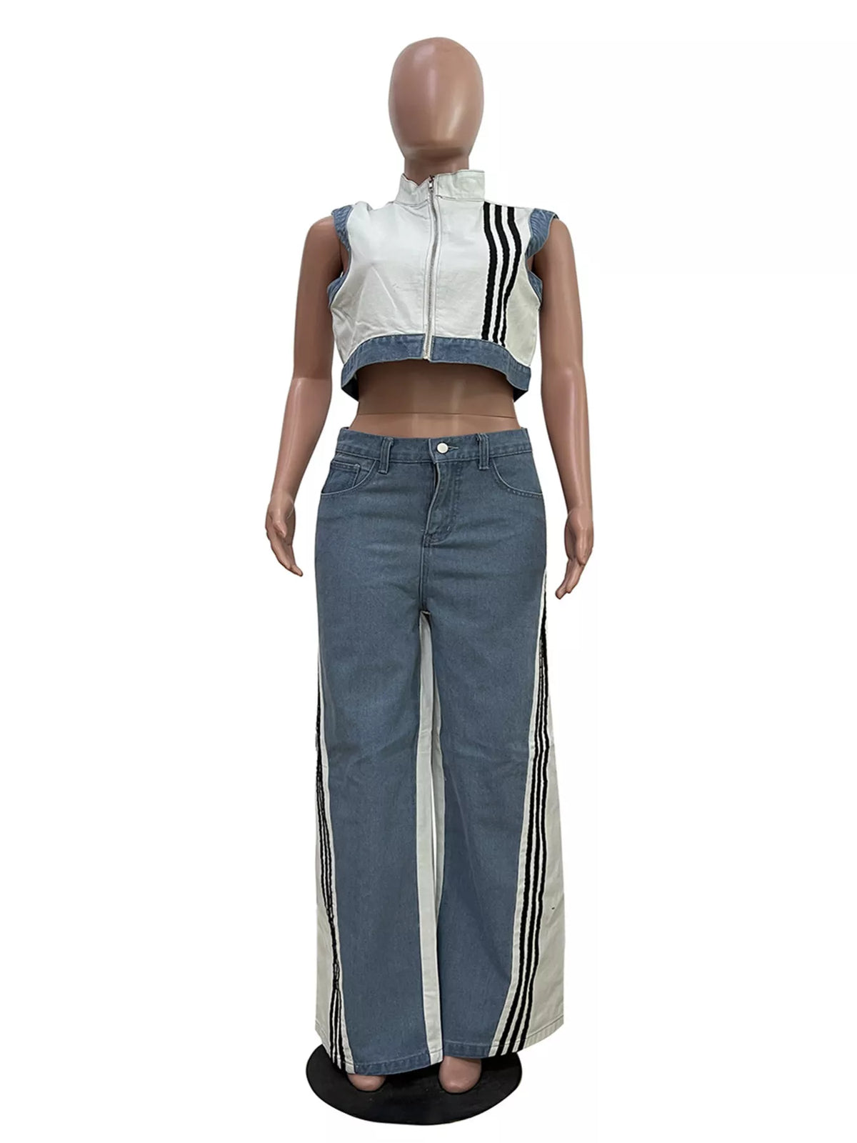 Zip front crop top and striped pants set by Plush Fashion Hub, featuring a stylish two-piece outfit with a zip-up crop top and matching striped pants.