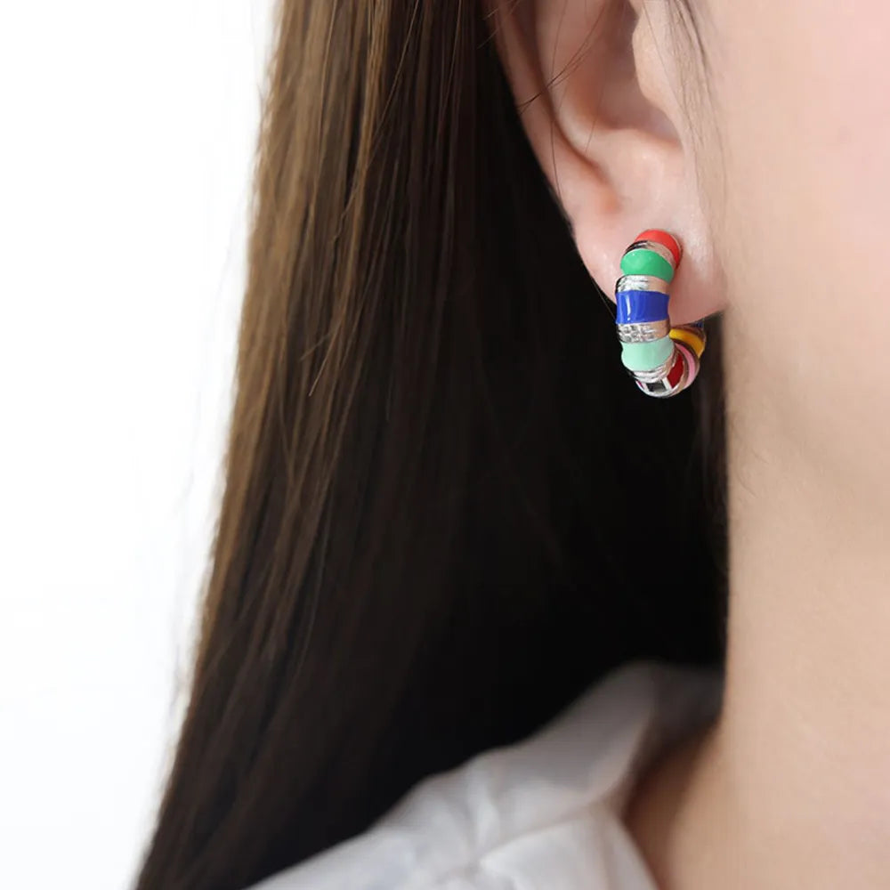 Titanium steel enamel hoop earrings with colorful designs, stylish jewelry accessory for fashion and everyday wear