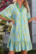 Floral print ruffle hem button-up mini dress by Trendsi, lightweight fabric, fitted waist, and short sleeves.
