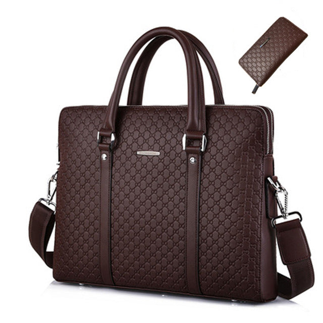 Men's Pi-Mart business briefcase with sturdy leather exterior and multiple compartments, suitable for professional office use.