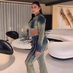 Women's Denim Set Street Dye Long Sleeve Top Fringe Jeans Pants