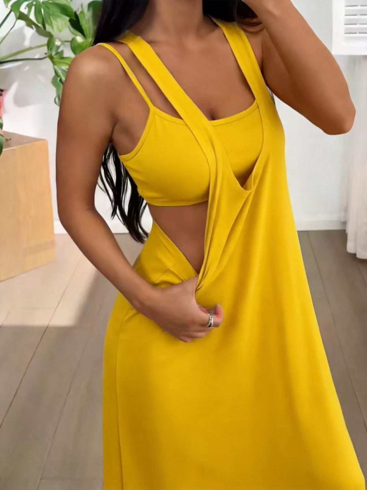 Plush Fashion Hub scoop neck cami and maxi dress set, featuring a fitted cami top and flowing maxi skirt in stylish fabric.