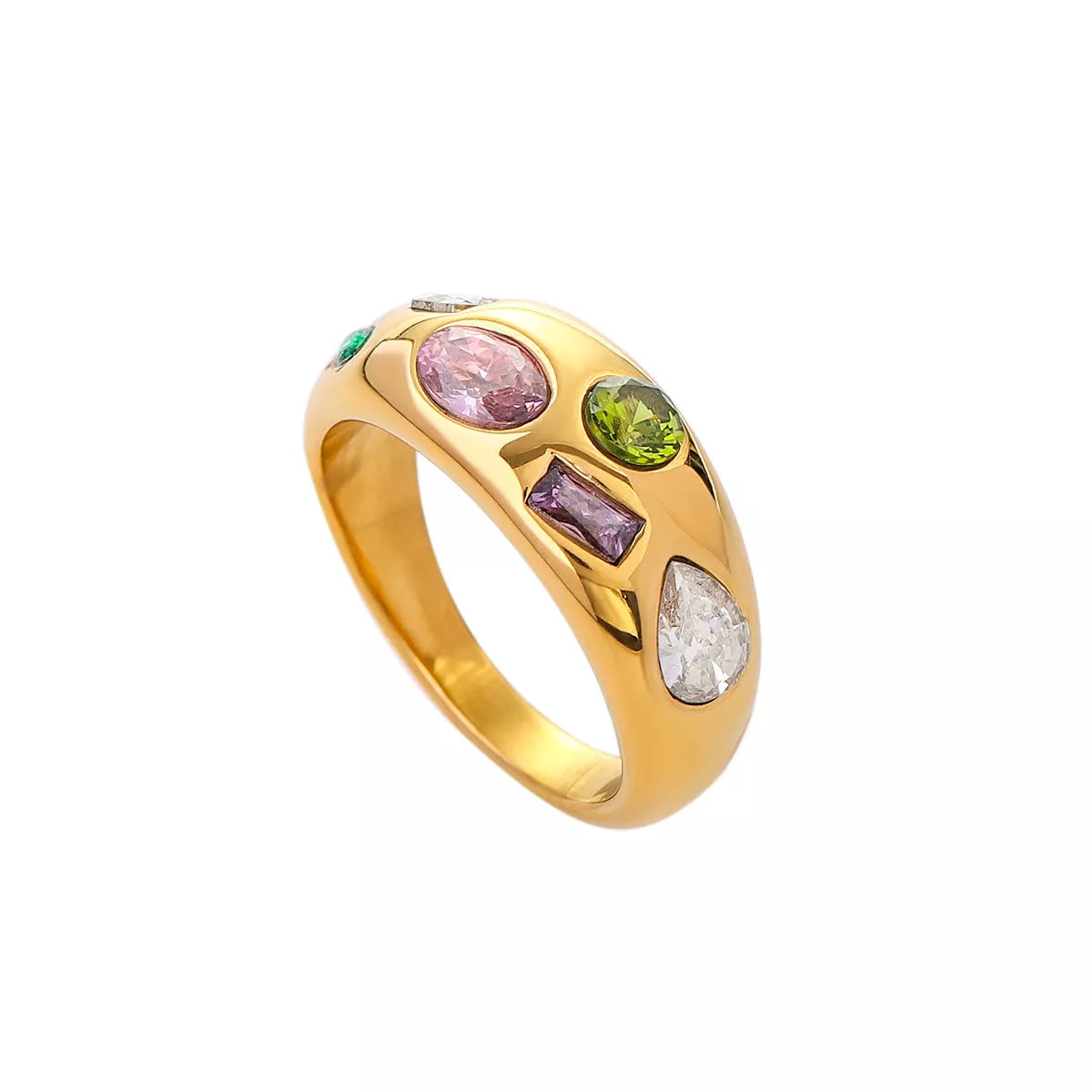 Colorful zircon ring with 18K gold-plated finish, featuring vibrant gemstones, displayed on a neutral background.