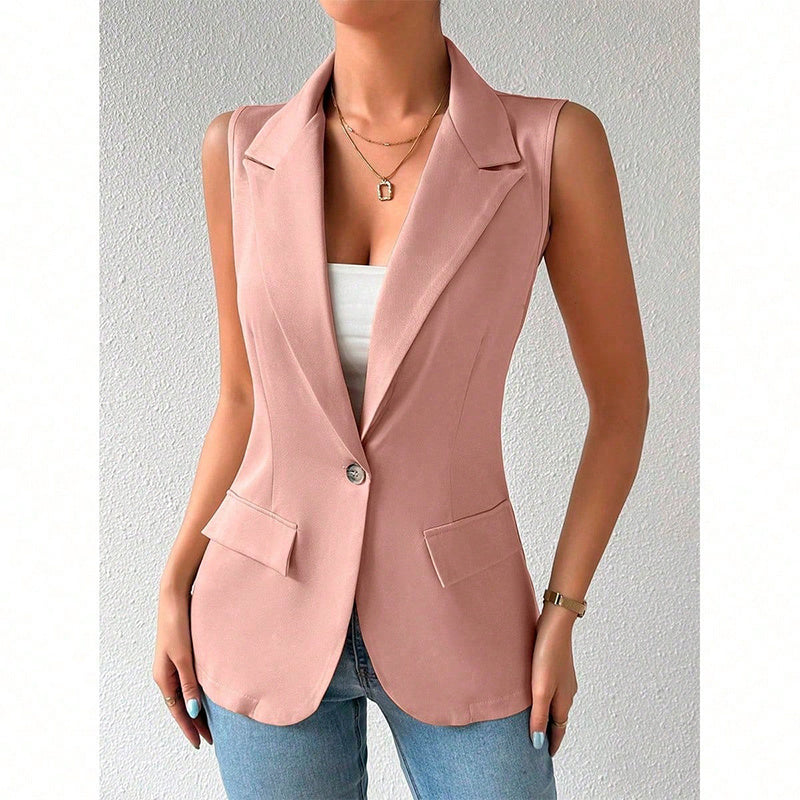 Women's sleeveless open-front blazer vest by FitiqueFit, showcasing a tailored work and office jacket in a professional style.