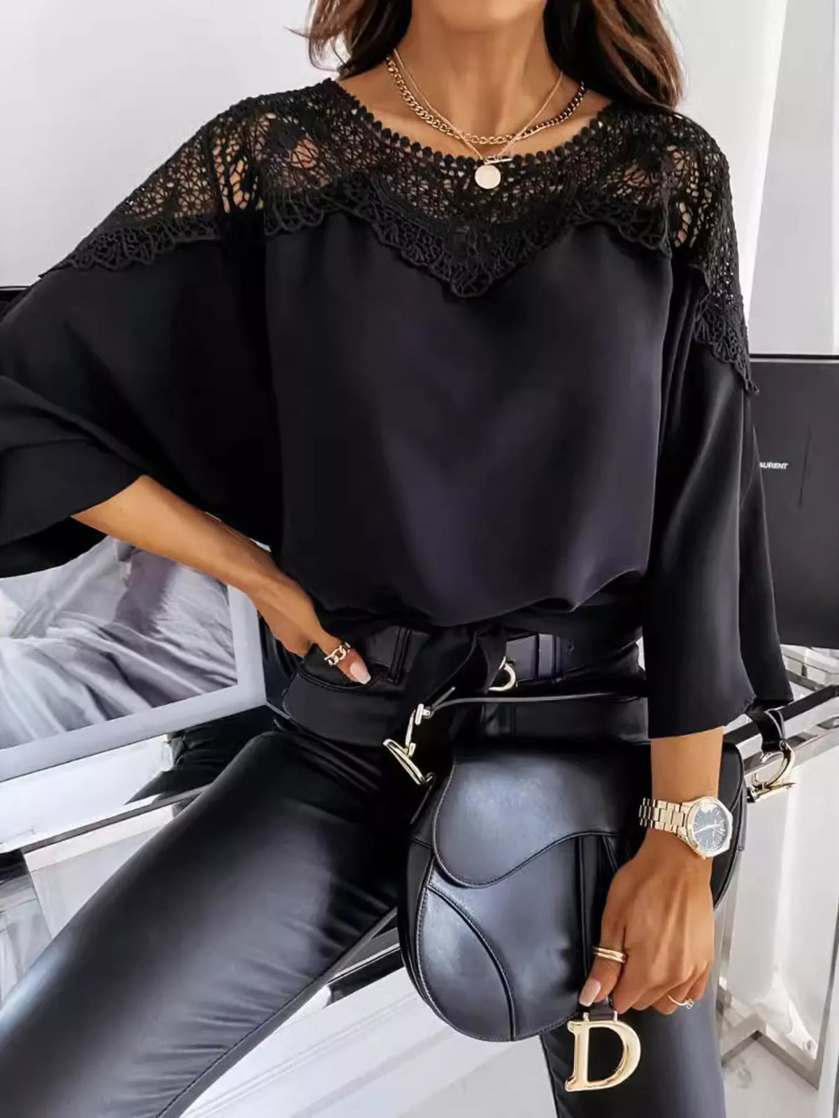 Lace trim long sleeve blouse by Plush Fashion Hub, showcasing elegant lace details and a classic fit in soft fabric.