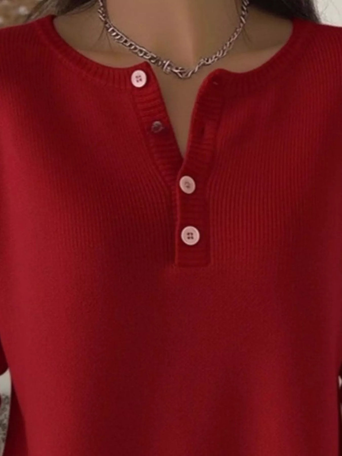 Plus size ribbed knit sweater with button details, featuring a cozy fit and stylish design from Trendsi.
