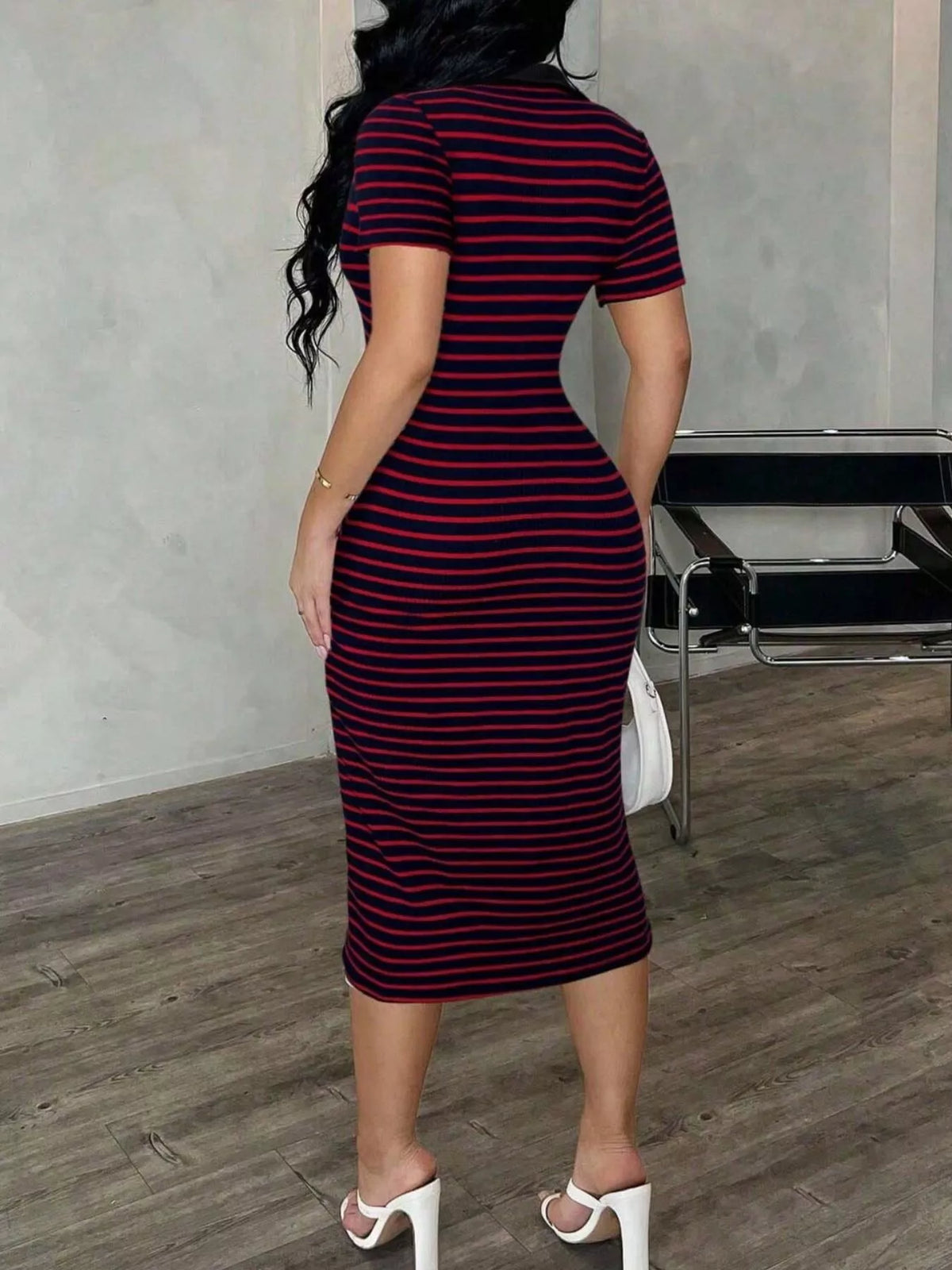 Striped polo collar midi dress by Plush Fashion Hub featuring a fitted silhouette and stylish design, ideal for casual or semi-formal wear.