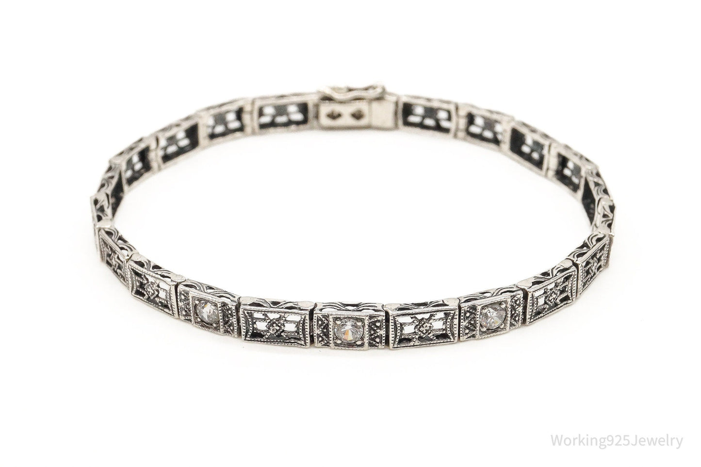 Vintage Cubic Zirconia Art Deco Sterling Silver Bracelet Working 925 Jewelry