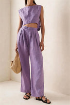 Women's breathable crew-neck casual two-piece set with matching T-shirt and pants by Plush Fashion Hub, relaxed fit and comfortable style.