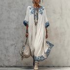 Women's printed batwing sleeve midi dress in linen blend fabric, loose fit style by Plush Fashion Hub.