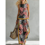 Printed retro sleeveless top and wide-leg pants set by FitiqueFit, featuring vibrant 12 print designs in sizes S to 5XL.