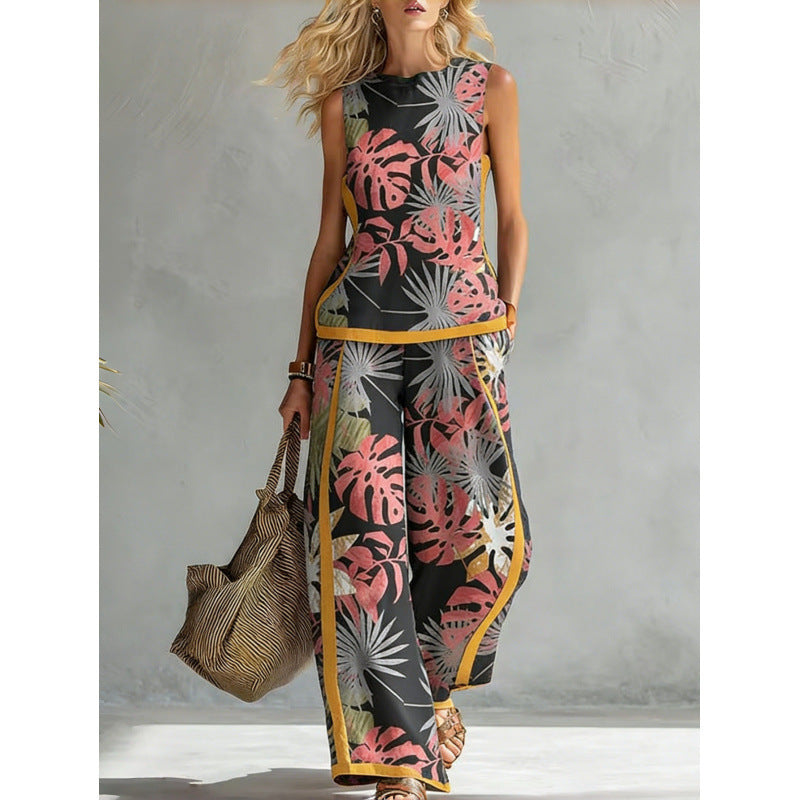 Printed retro sleeveless top and wide-leg pants set by FitiqueFit, featuring vibrant 12 print designs in sizes S to 5XL.