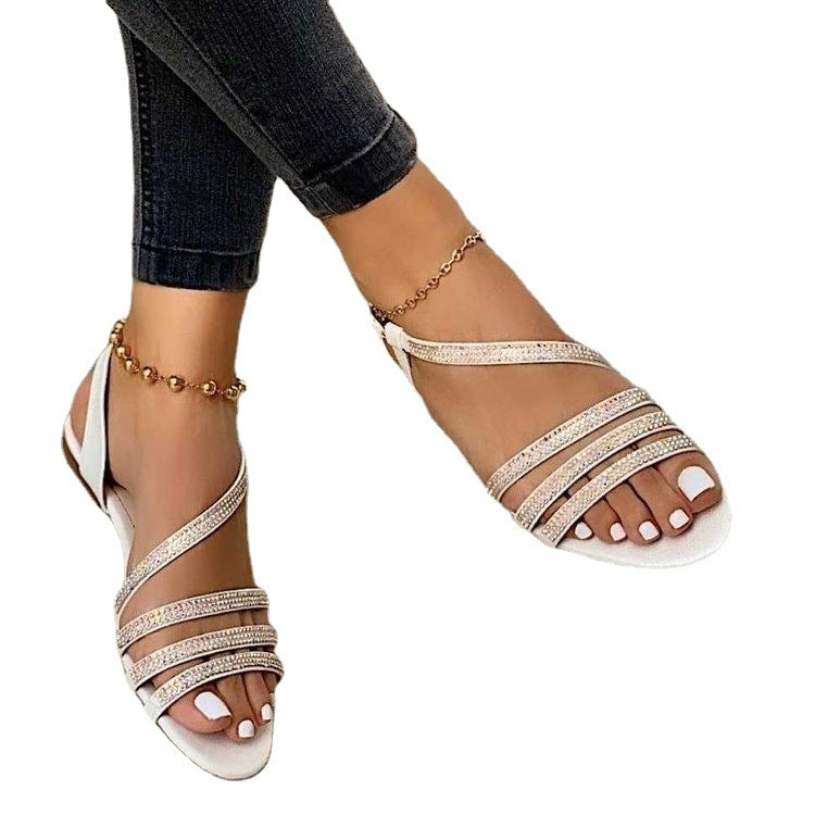 LadyShow.Store low top round toe fashion sandals with rhinestones, breathable design, solid color, and fish mouth flat style.