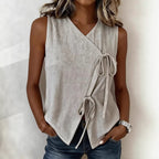 FitiqueFit bow-tied V-neck sleeveless tank top in five colors, casualwear with a stylish bow tie detail, available in sizes S to XXL.