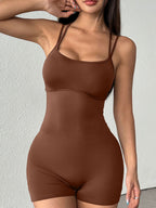 Double spaghetti strap active romper by Trendsi featuring a lightweight, stylish design with adjustable straps and a comfortable fit.