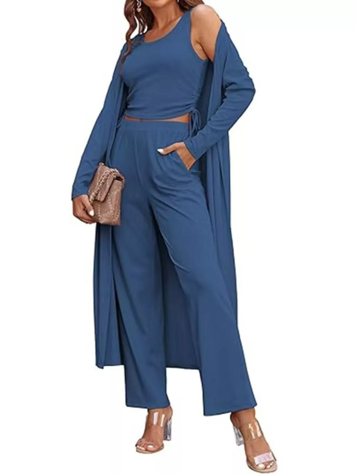 Plush Fashion Hub round neck tank cardigan and pants loungewear set, soft fabric with a relaxed fit, perfect for casual comfort.