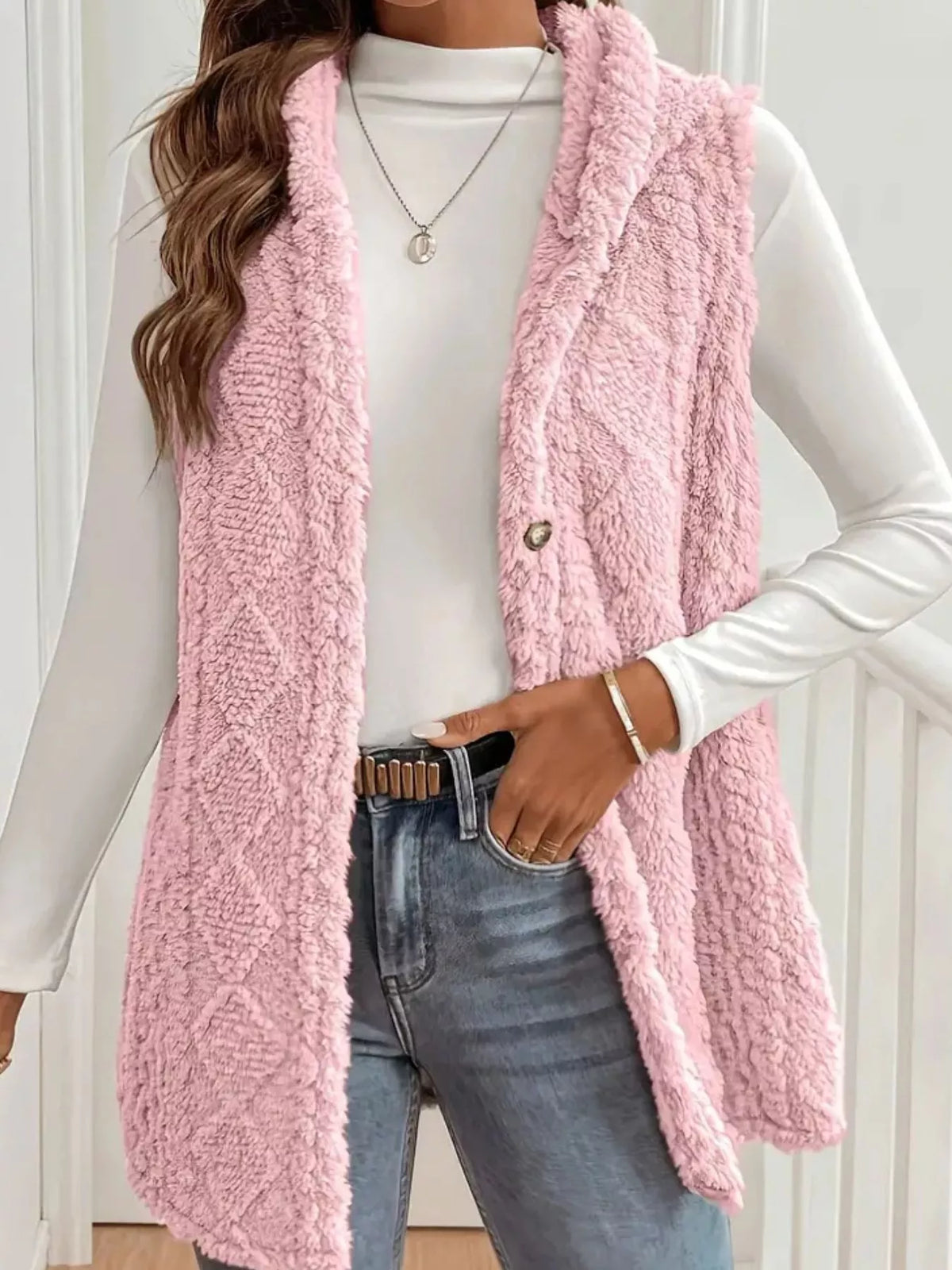 Simply Love hooded button-up sherpa vest coat with plush fabric and front pockets, perfect for cozy winter layering.