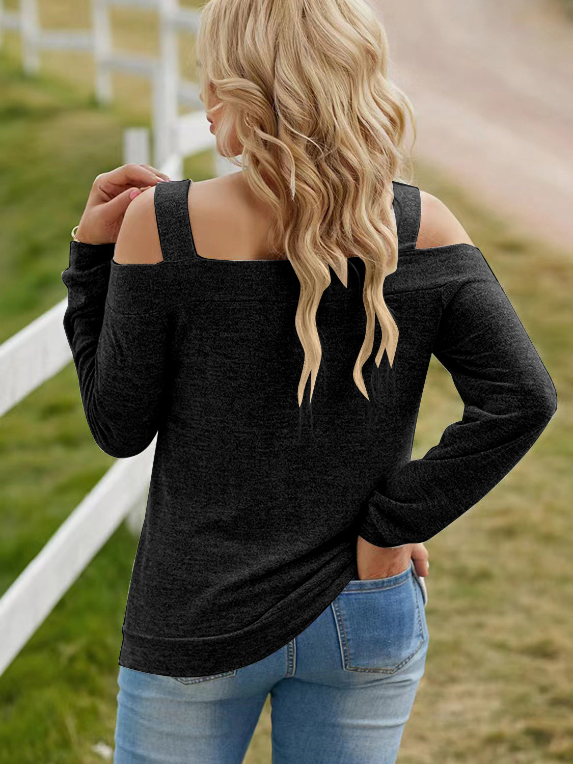 Womens elegant cold shoulder blouse in polyester with cutout design, stylish top from Plush Fashion Hub.