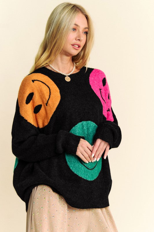 Women's Contrast Smile Round Neck Oversize Sweater - Plush Fashion Shop #