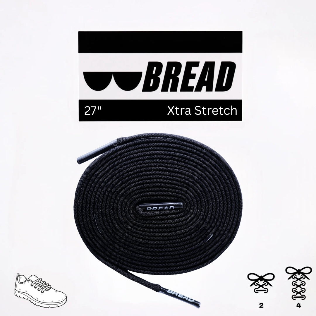 Black elastic shoelace by Bread, designed for easy slip-on shoes, shown in the Shadow Black color.