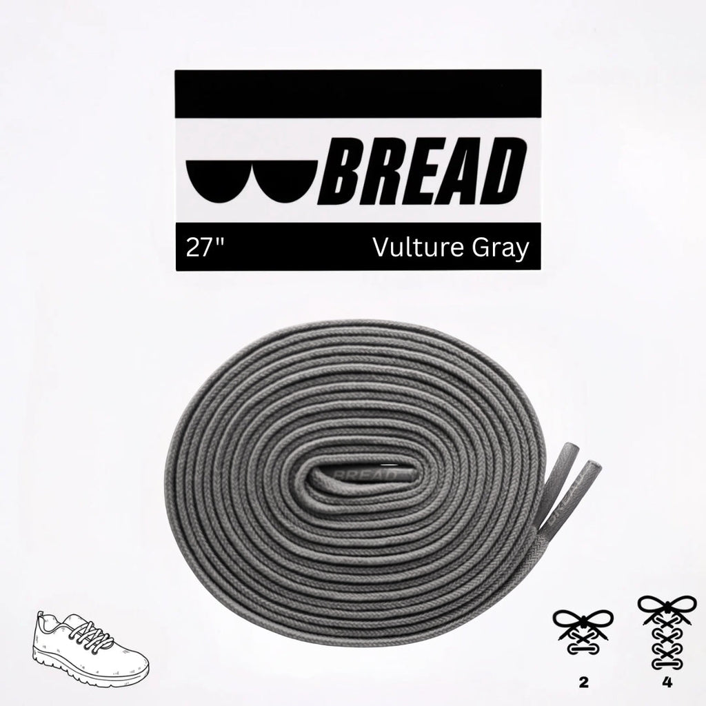 Gray elastic shoelace by Bread labeled Vulture Gray, shown with flexible, stretchable design for comfortable, easy footwear fastening.