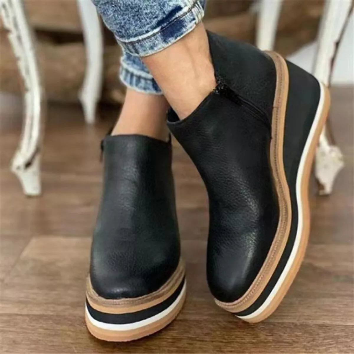 Women's ankle wedge boots with zipper, trendy Trendsi shoes featuring a stylish design and comfortable heel.