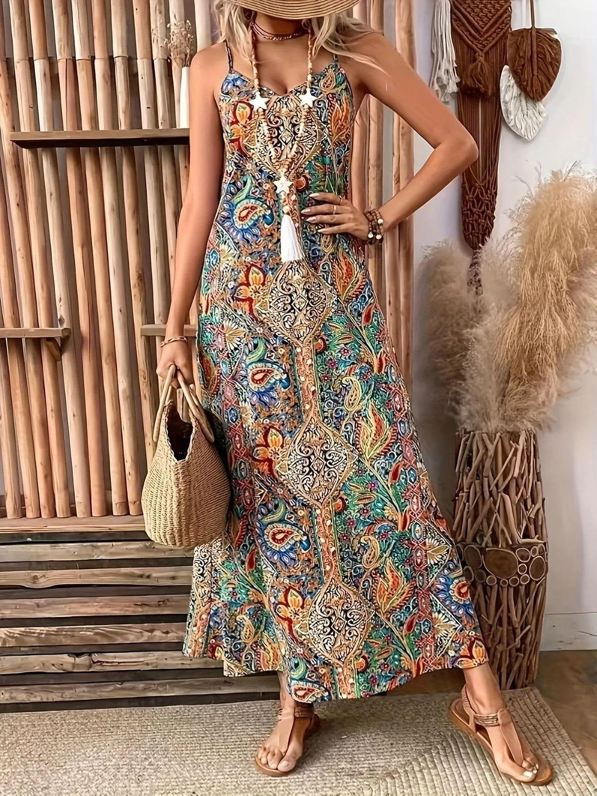 Paisley print V-neck maxi dress by Plush Fashion Hub featuring flowing fabric and a stylish, elegant design.