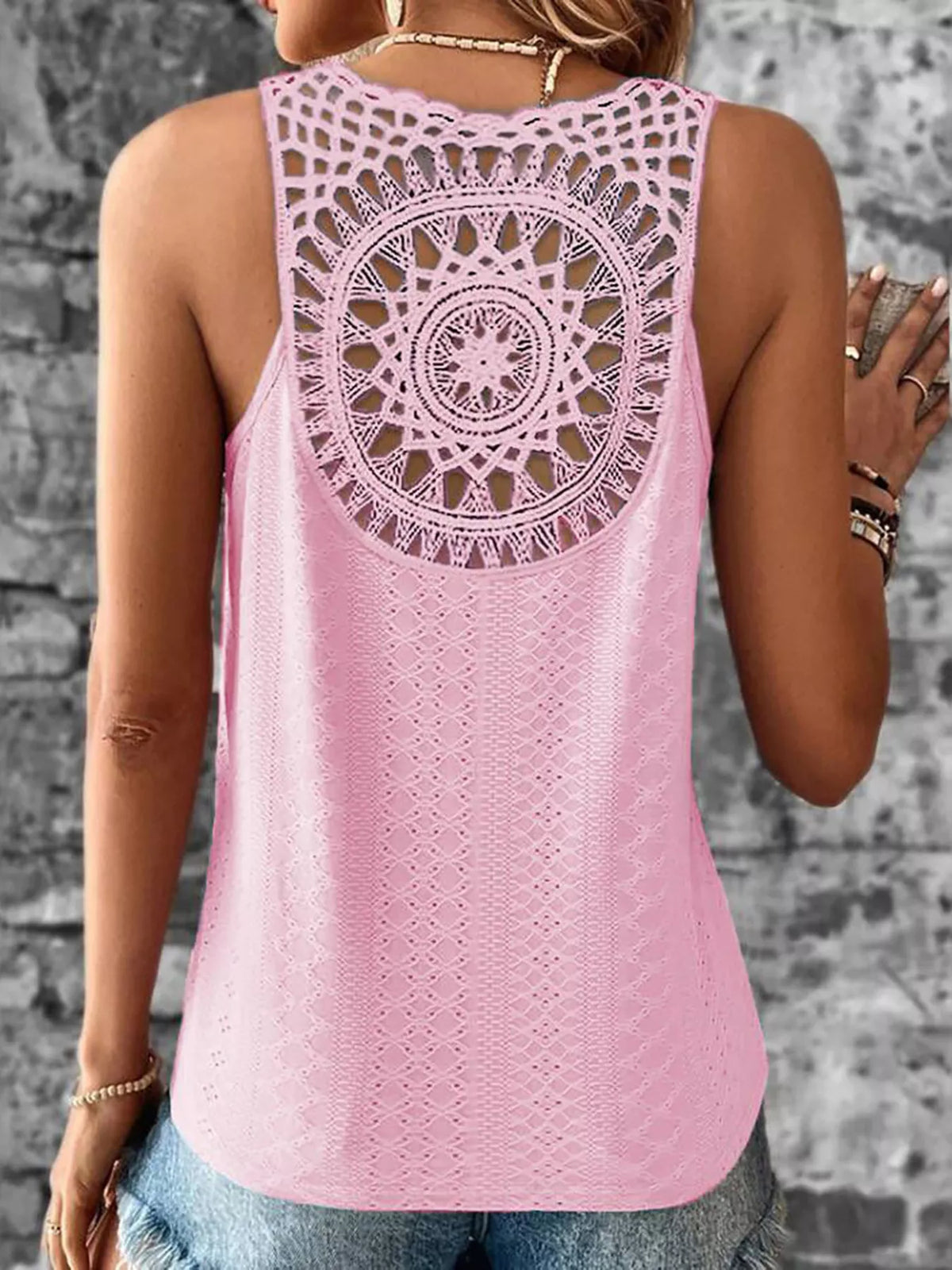 V-neck tank top by Plush Fashion Hub featuring eyelet lace trim and sleeveless design, displayed on a neutral background.