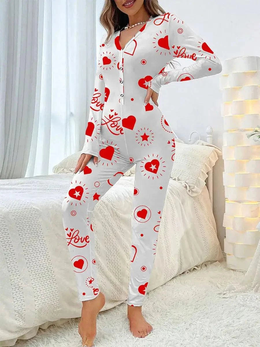 Women Jumpsuit Long Sleeve V Neck Button Closure Letters Heart Print LThe beautiful heart print and V-neck design make it a perfect choice for festive occasions. The long sleeve and button closure add a touch of comfort and conveniencePajamasPlush Fashions ShopPlush Fashion Shop