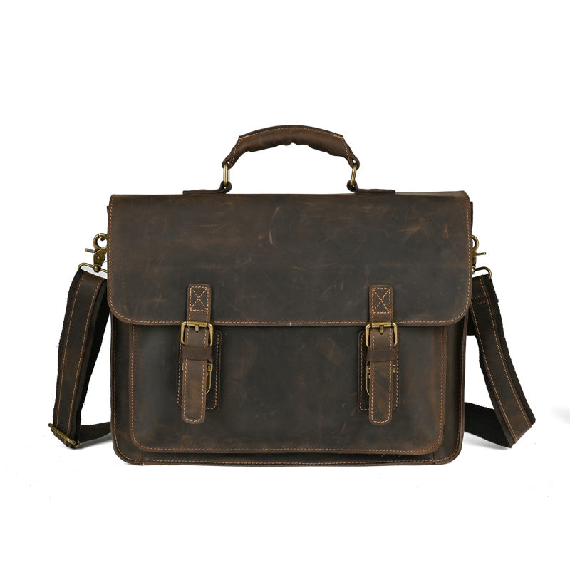 Pi-Mart leather one-shoulder crossbody laptop bag with top layer leather design, ideal for carrying laptops and essentials.