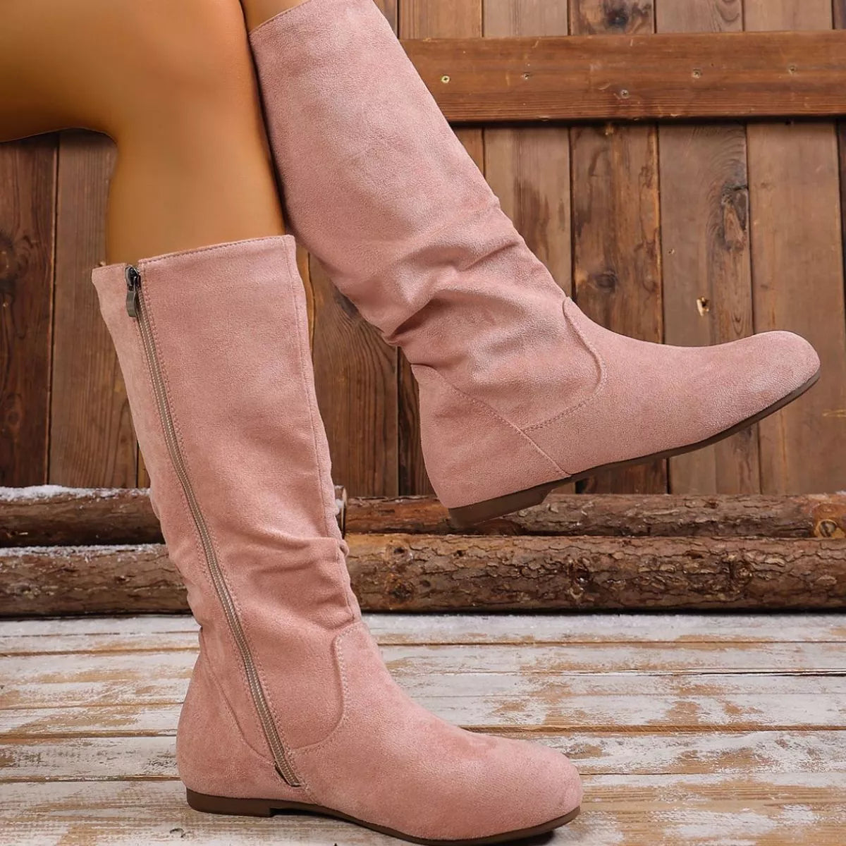 Trendsi round toe side zip boots showing black leather boots with a sleek design and side zipper detail.