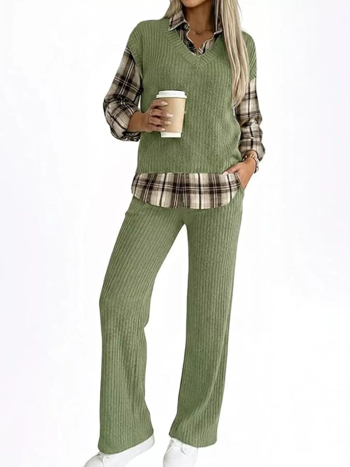 Ribbed knit plaid sleeve top and matching pants set by Trendsi, featuring a cozy, stylish design perfect for casual wear.