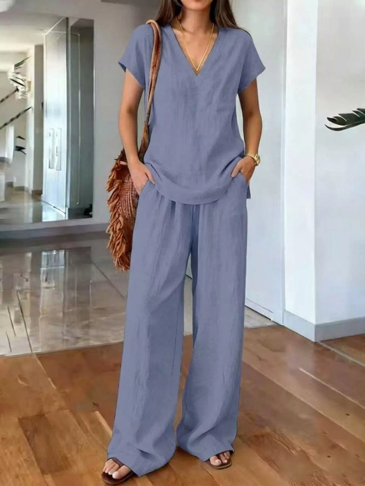 Plus size plush fashion hub lounge set with v-neck short sleeve top and matching pants, comfortable loungewear for relaxed wear